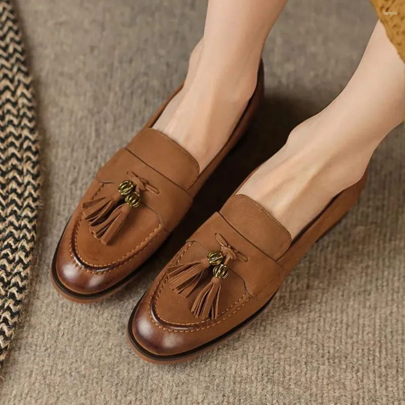 Casual Shoes Women's Sheepskin Slip-on Flats Loafers Round Toe Gradient Color Retro Female Moccasins Fringe Decoration Soft Comfrotable