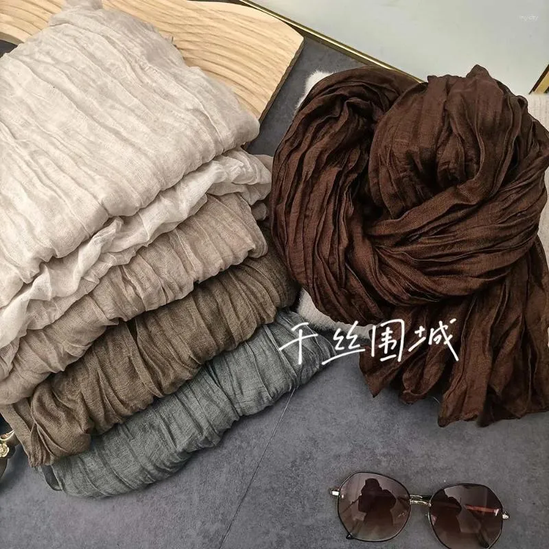 Scarves Solid Color Cotton Linen Scarf Retro Autumn Winter Pleated Green Thin Long Strip Shawl Men And Women's Warm Silk