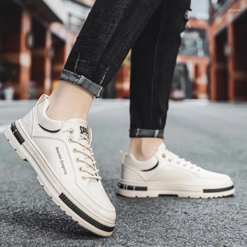 Men s Casual Lace up Sneakers Low cut Thick soled Vulcanized Sports Shoes for Youth Spring 2024 White