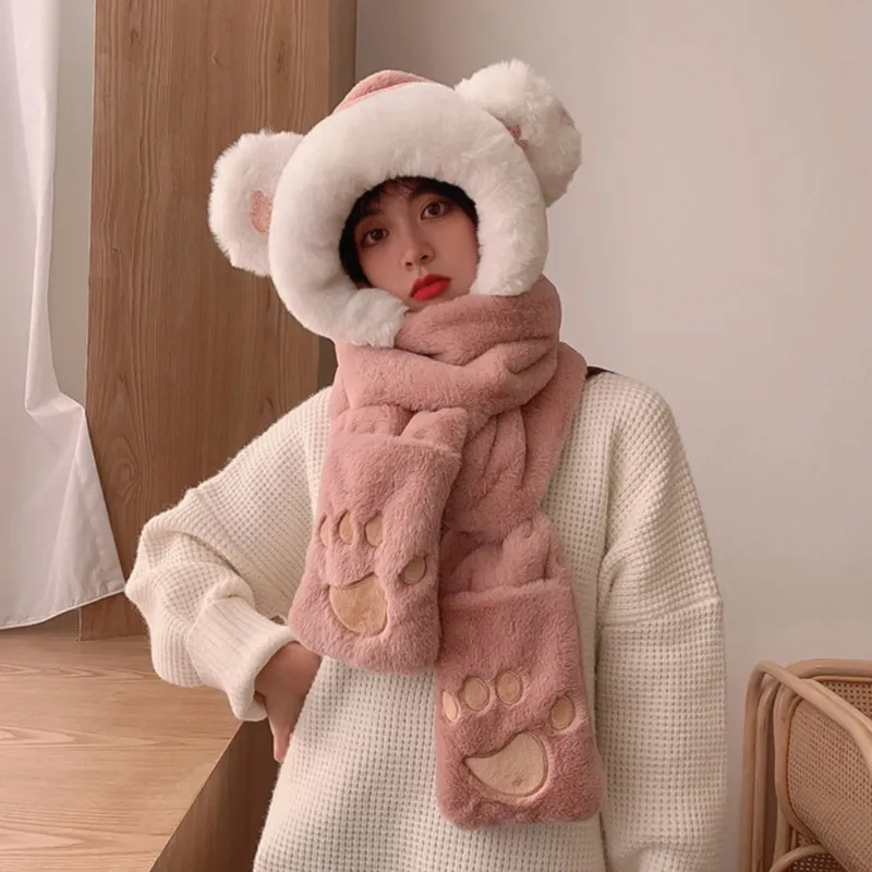 Strawberry Bear Plush Handwarmer Scarf Hat Combo | Women Fleece Winter Headwrap Penkiiy Women Cute Bear Hat Scarf Mask Set Winter Fleece  main image 4