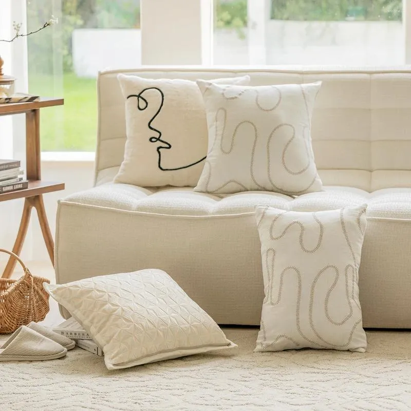 Kudde geometriska linjer broderad täckning beige vitt ljus lyx jacquard fodral dekorativa s för soffa heminredning