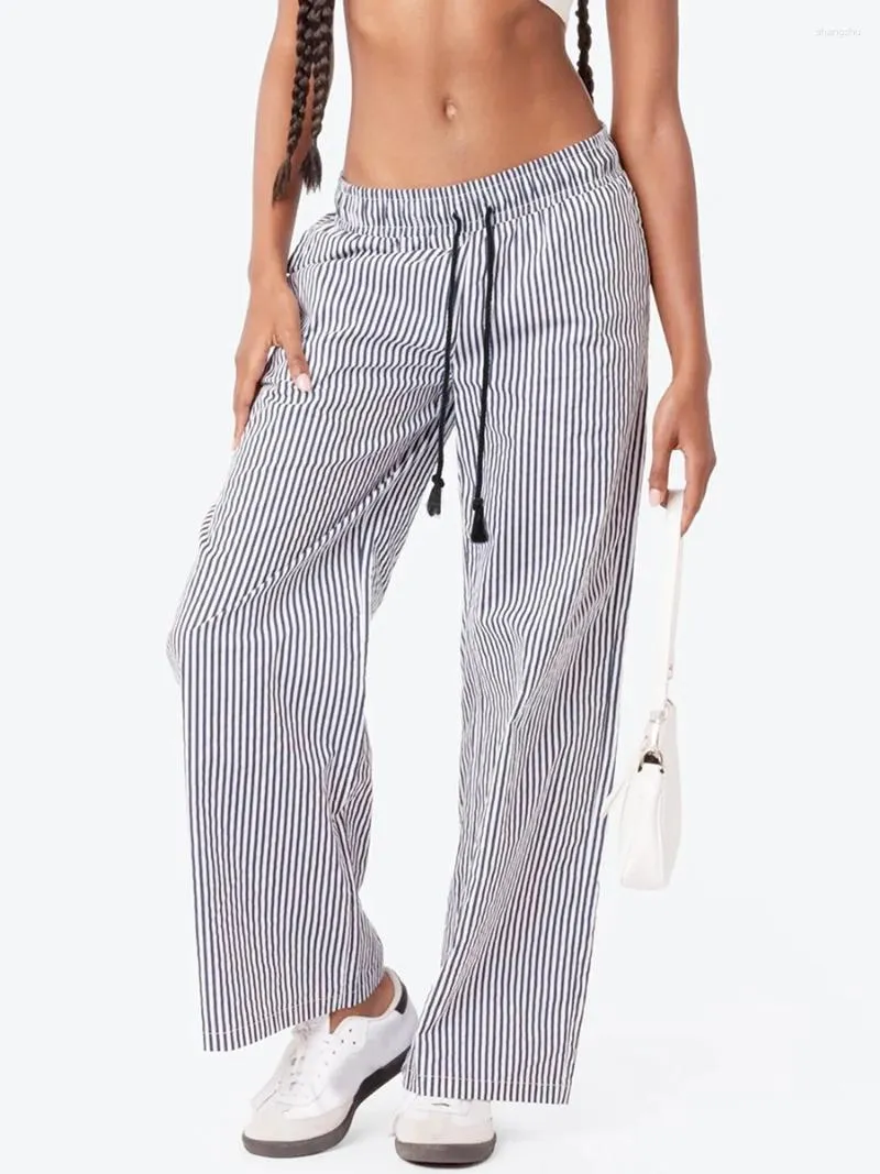Frauenhose Frauen gestreifte Lounge Drawess Taille Weitbein Leinen Pyjama 2024 Trendy Plus Size gehen aus den Bottoms Streetwear aus