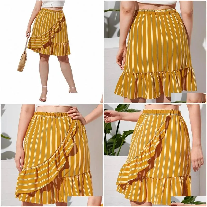 Womens Plus Size T-Shirt Elastic Waist Summer Elegant Floral Skirt Women Ruffle Trim Casual Midi Stripe Female Large Boho 7Xl Q6Tp Dro Dhv7Q