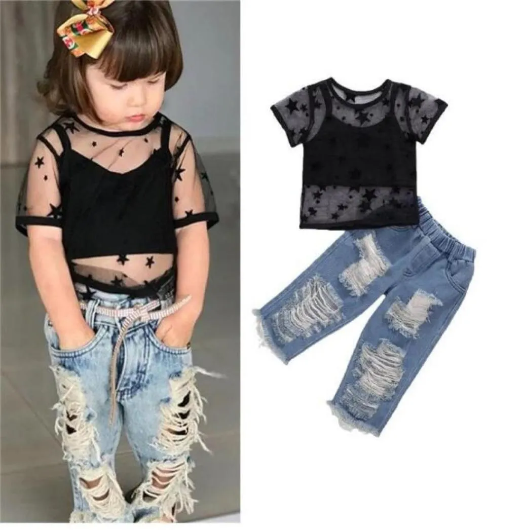 Baby Girl Clothing Set Girls039 Clothing Sets Lace Short Sleeve TShirt Vest and Jeans Threepiece1976311