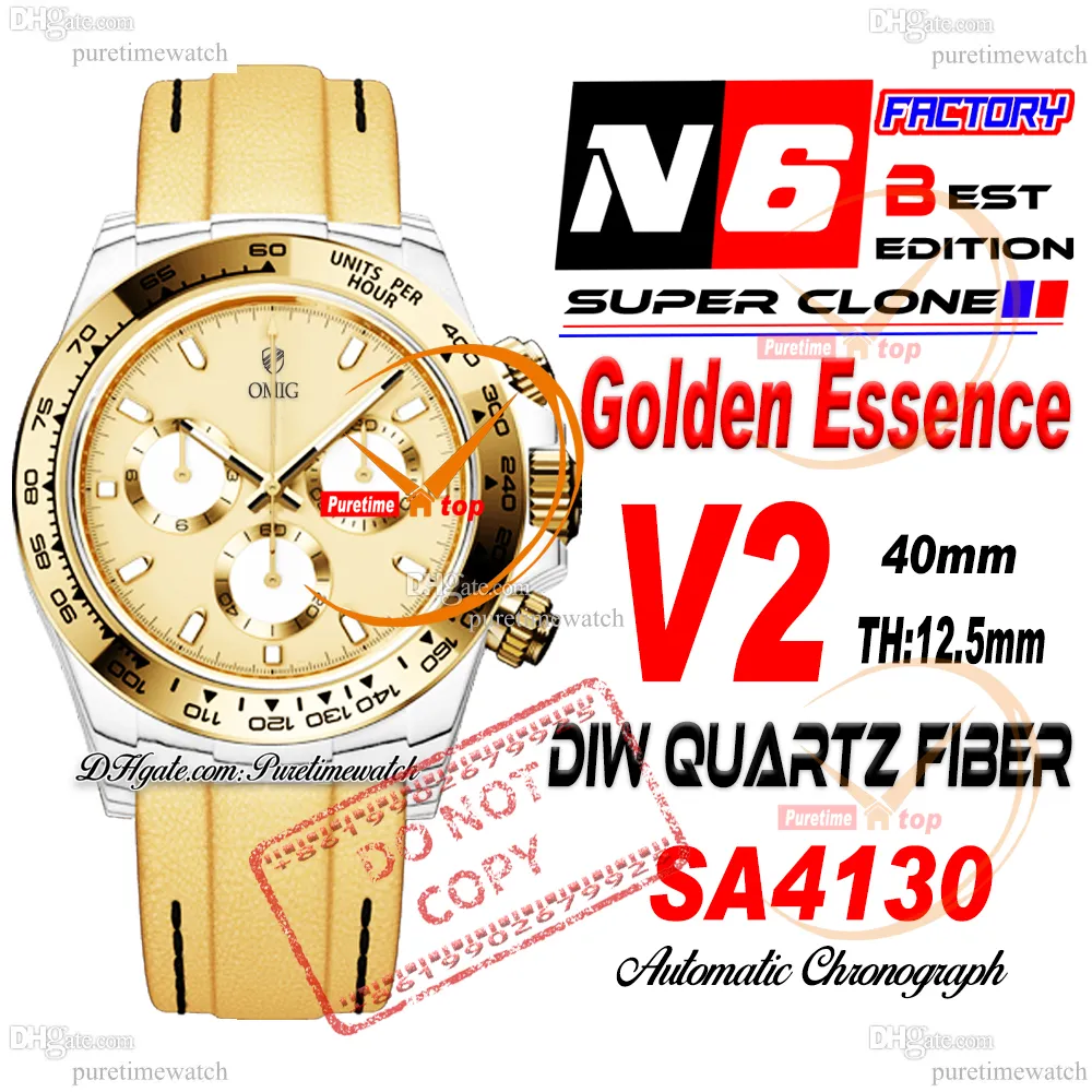DIW Golden Essence Quartz Carbon SA4130 자동 크로노 그래프 남성 시계 N6F V2 옐로우 골드 흰색 다이얼 나일론 스트랩 슈퍼 에디션 동일한 직렬 카드 Puretime Reloj Ptrx