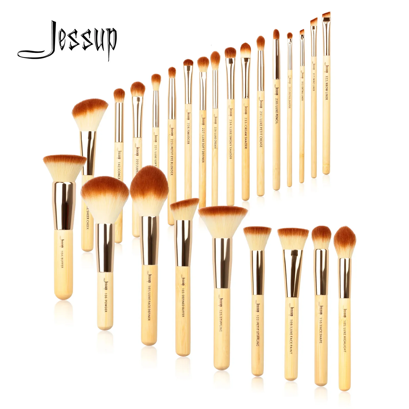 Jessup Juego de brochas de maquillaje profesional, base en polvo, sombra de ojos, delineador, brocha para mezclar, kit de herramientas de maquillaje, pelo sintético de bambú 240320