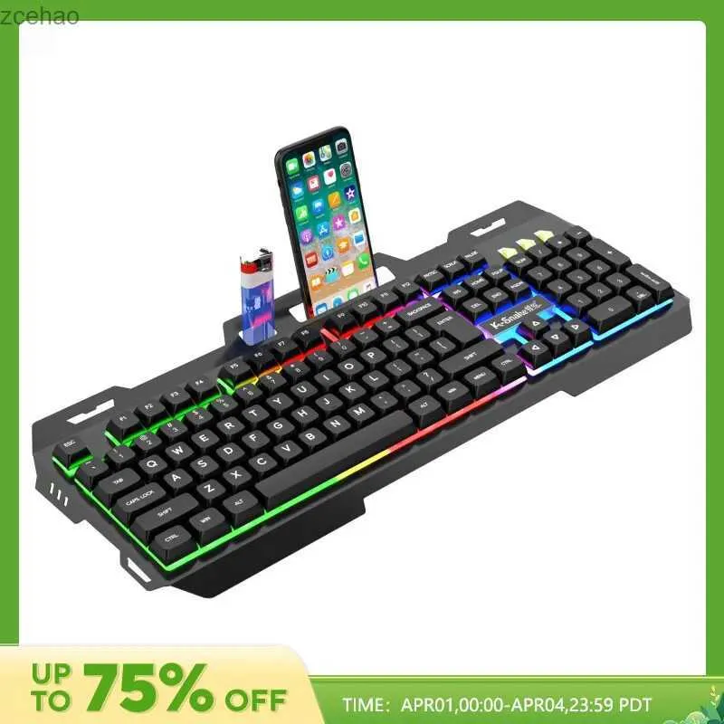 Keyboards Wired gaming keyboard with backlit RGB LED metal base phone holder 12 multimedia functions suitable for PC desktop gaming consolesL2404