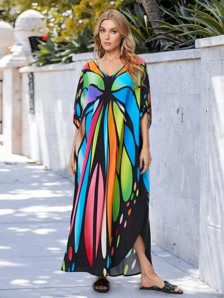 Col en v femmes Caftan Caftan Moo Robe bohème longue papillon imprimé confortable Robe de plage Wrap Wear Q1635