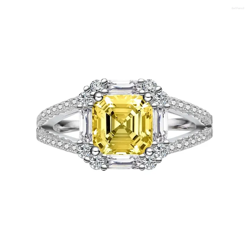 Cluster Anneaux Zhenchengda Chanfrein carré Ascut 7 Anneau de diamant jaune pour les femmes S925 Pure Silver Gemstone Small et polyvalent