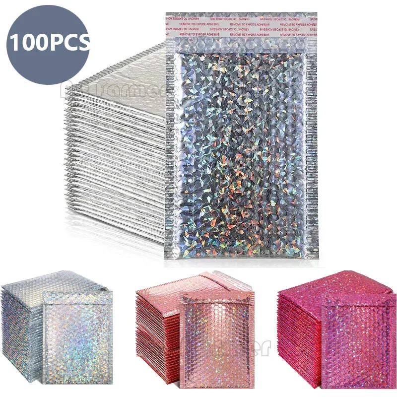 Ustaw 100pcs Bubble Mailers Pink Poly Bubble Mailler Self Siew Wyściełane koperty Worki na prezenty torby laserowe