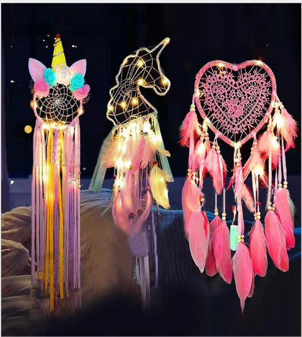 Dreamcatcher Dream LED Light Girlish Heart Fashion Feather Dream Catcher Pendant Wall Hanging Room Decoration Woven Lace WMQ1039047764