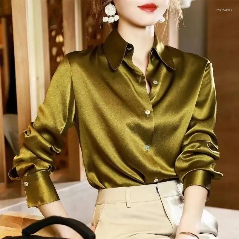Kvinnor Bluses Green Silk Button Down Shirt Women 2024 Autumn Fashion Turn-Down Collar Lång ärm Vit Busik Blue Lady Elegant Loose