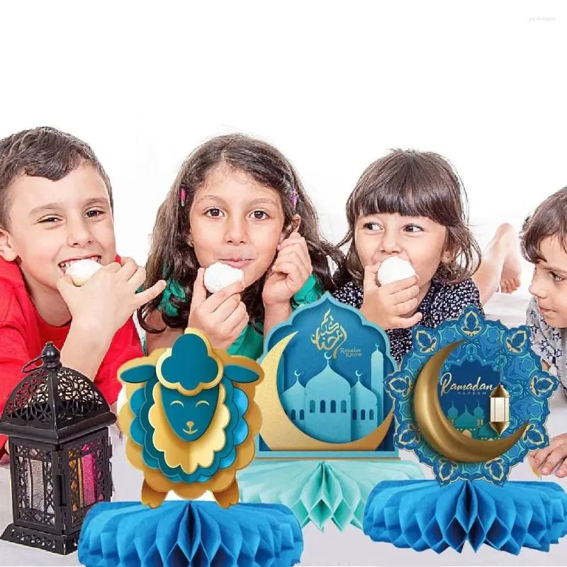 Party Decoration 9 st/set Paper Ramadan Honeycomb Ornament Mosque Moon Star Mönster Blue Eid Mubarak Ball Supplies