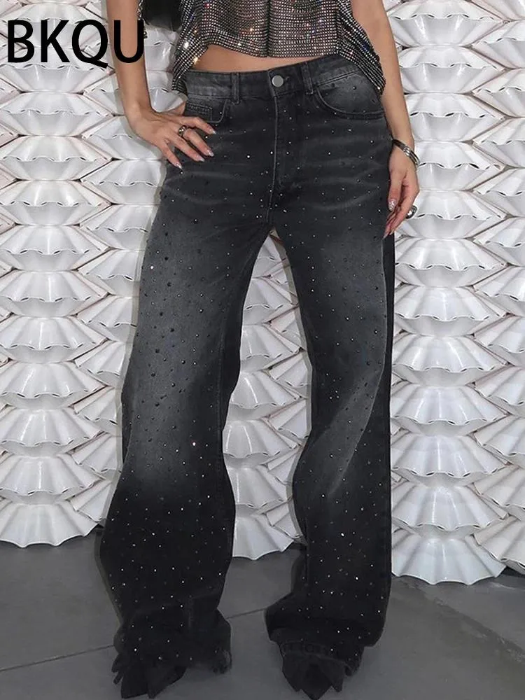 Jeans Femme BKQU Large Jambe Femmes Droite Baggy Denim Long Pantalon 2024 Mode Noir Tout-Match Strass Taille Basse Femme Pantalon
