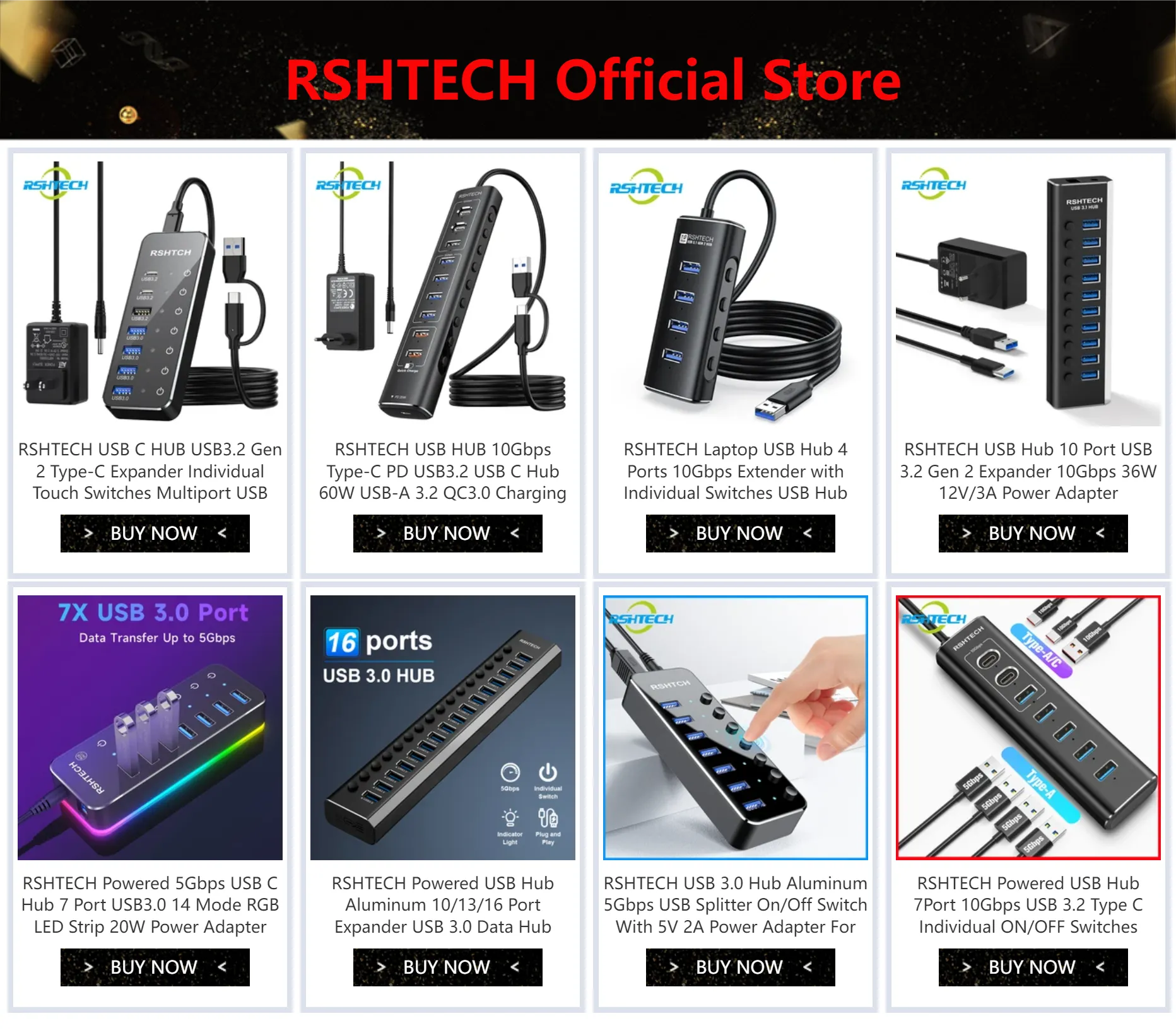 RSHTECH USB Hub ABS Plastic USB 3.0 Data Ports 5Gbps QC 3.0 Fast ...