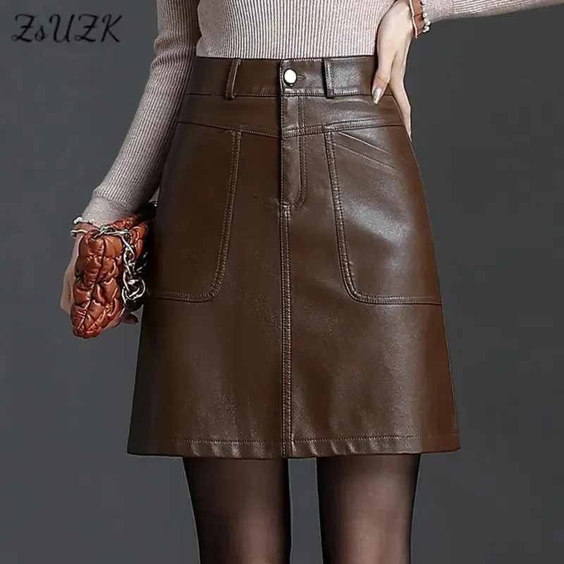 Zuzk Fall Winter Dames Pu Leather Sexy Rok Black Coffee Simple Elegant Short Bodycon Rok Boot Rok 2024 240326