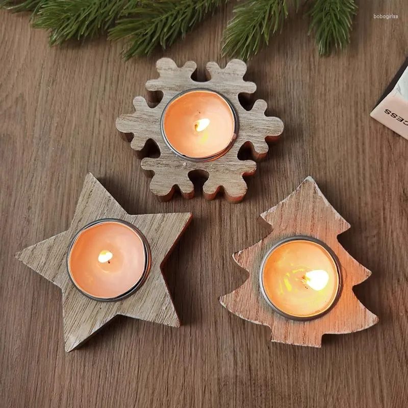 Kaarsenhouders Kerstmis Wood Candlestick Snowflake Star Tree Holder voor Home Kerstmis Decoratiejaar Geschenken