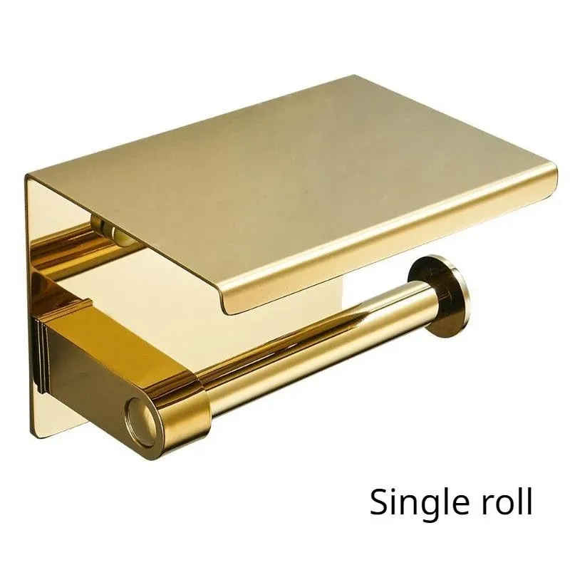 Multi-Functional Toilet Roll Paper Holder with Shelf Wall Mounted Double Roll Tissue Holder Dispenser Bathroom Gold