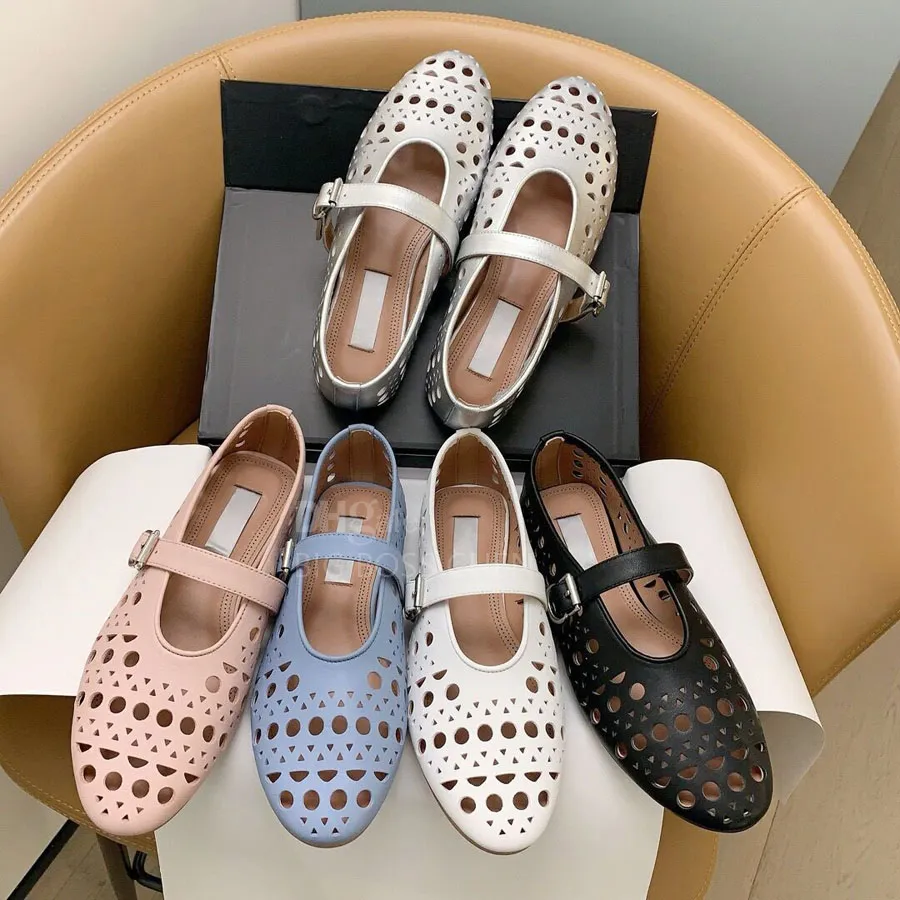 Top quality mesh Ballet flats hollowed out sandal round toes rhinestone buckle Mary Jane Genuine leather Flat dress shoes Designer Luxury