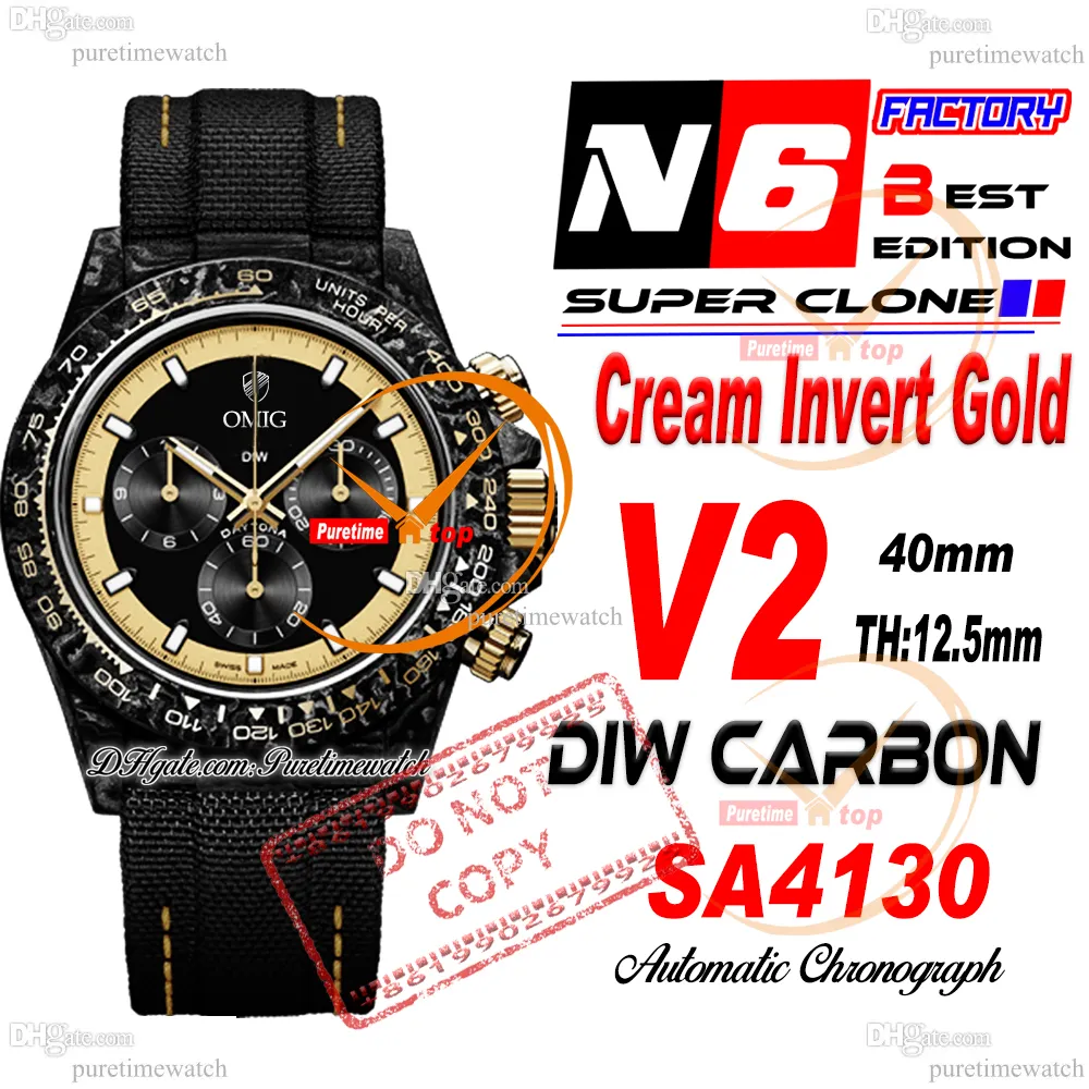 DIW Cream Invert Gold Carbon SA4130 Automatic Chronograph Mens Watch N6F V2 Black Yellow Dial Nylon Strap Super Edition Same Serial Card Puretime Reloj Hombre PTRX 10