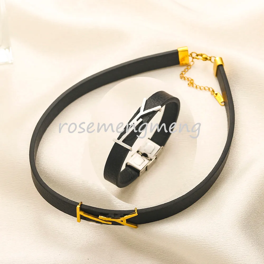 Lyx varumärkesdesigner hängen halsband charm armband manschett armband rostfritt stål brev choker hänge halsband pu läder kedja smycken tillbehör gåvor