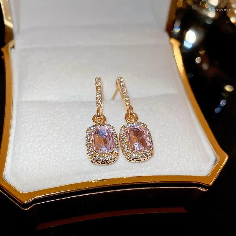Dangle Earrings Pink Rhinestone Square Geometric Drop For Women Light Luxury Sweet Party Jewelry