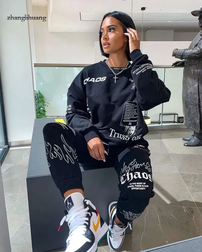 Letter Tracksuit Outfit Print Losse 2 Tweedeksels Set Streetwear Sweatshirt Joggers Matching Ensemble Femme Pices 230629 3069