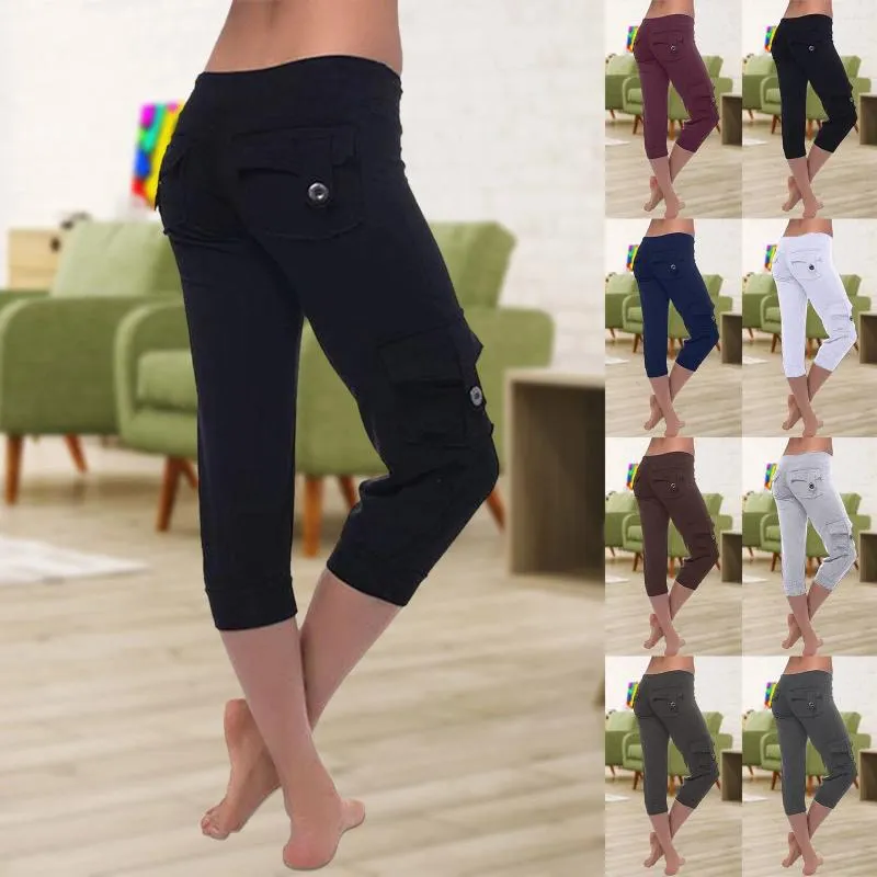 Active Pants Womens Summer Yoga Capris Autumn Women Trening Out Leggins Stretch Talia Button Pocket Gym Cropged