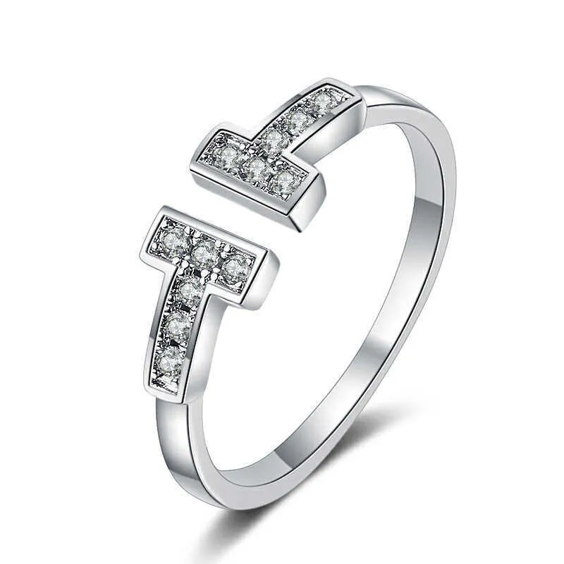 Varumärkes charm tff koppar silver pläterad öppning diamant inlagd dubbel t ring kvinnor enkel personlighet kreativ ins levande med logotyp