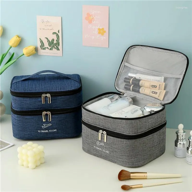 Storage Bags Double Layer Makeup Bag For Women Large Capacity Travel Toiletry Portable Make Up Organizer Brush Holder Beauty