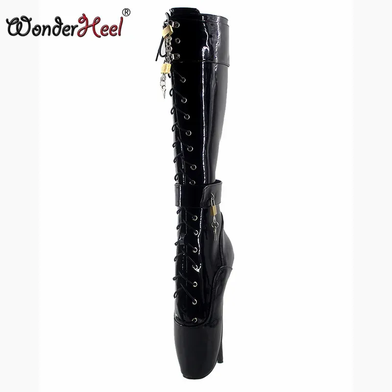 Boots Wonderheel Ultra High High каблука 18 см. Стилетто каблук черный шлюз заблокированные пакеты колена высокие балетные сапоги сексуальные женские женские туфли моды