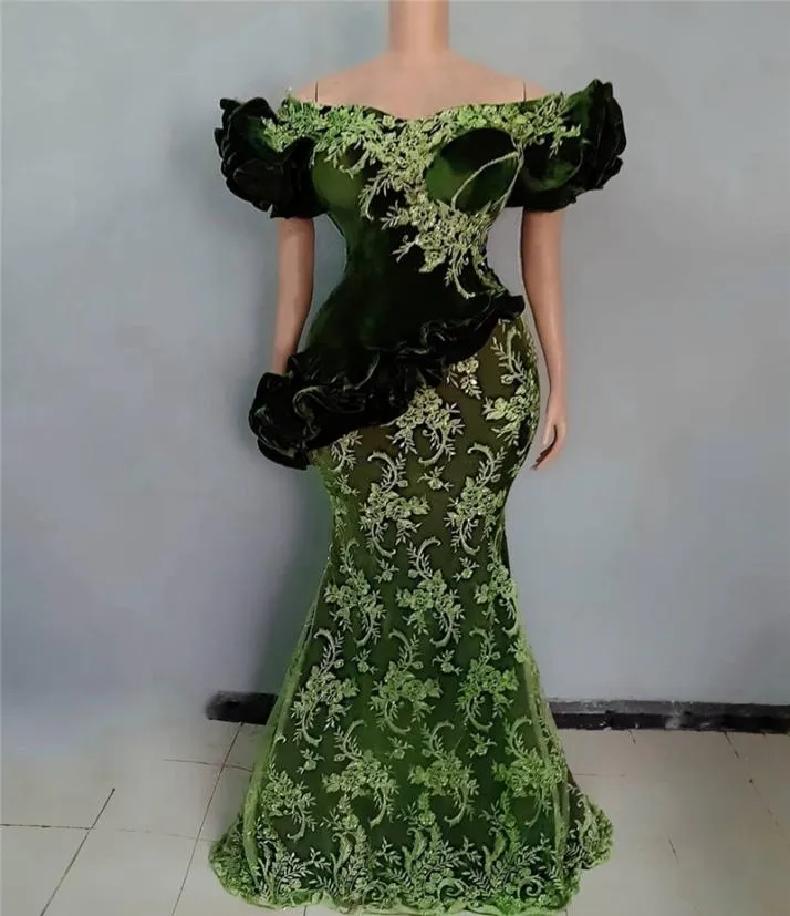 Hunter Green Lace Aso Ebi Aftonklänningar Korta ärmar Puffy Off Shoulder Mermaid Women African Plus Size Prom Dresses Applices1107266