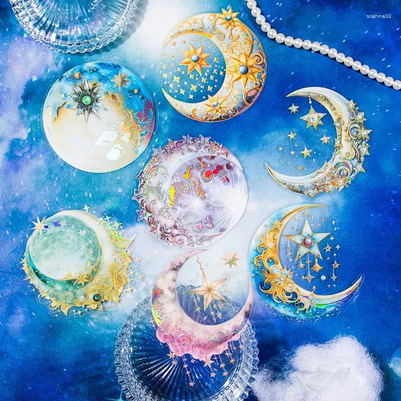 Envoltura de regalo jianqi 6 pcs kawaii colores lunar pegatinas paquete creatividad collage decorativo diario material de álbum