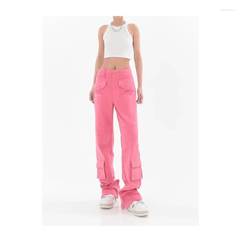 Saut-réalisations de jeans pour femmes American High Street Design Sense Slit Loose Straight Slim Pink Casual Pantal