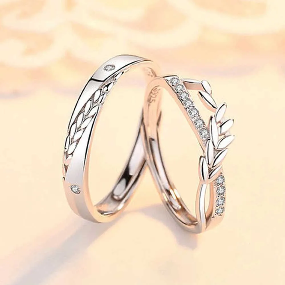 2PCS Wedding Rings Copper Plated Platinum Ear Of Wheat Crystal Overlap Opening Adjustable Size Couple Rings Men Women Finger Jewelry Wholesale