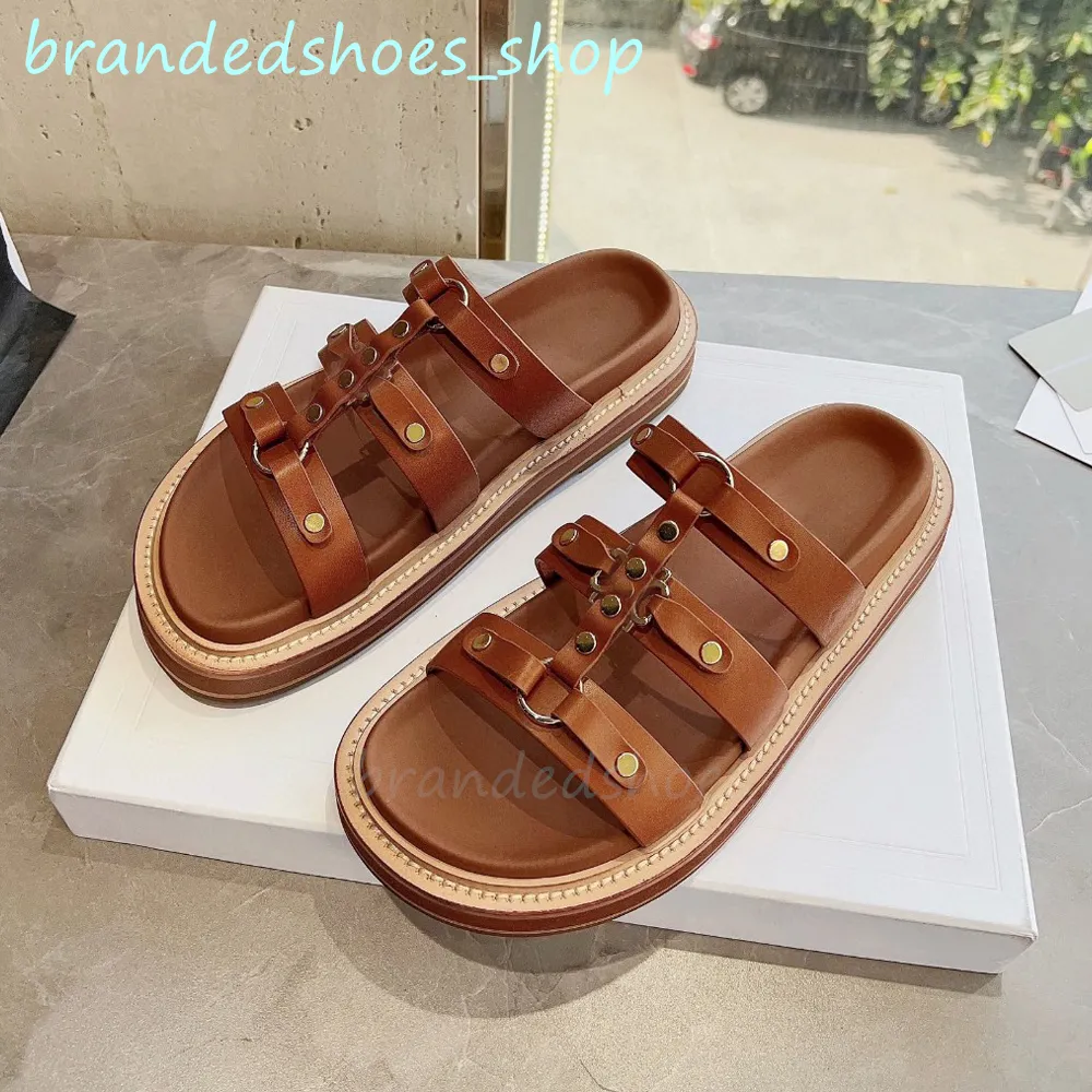 Triomphe Triomphe Tippi Gladiator Sandales Brown Soft Leather Designer Femme Flip Flops Sandale Mules Summer Beach Flat Talon Sliders Lady