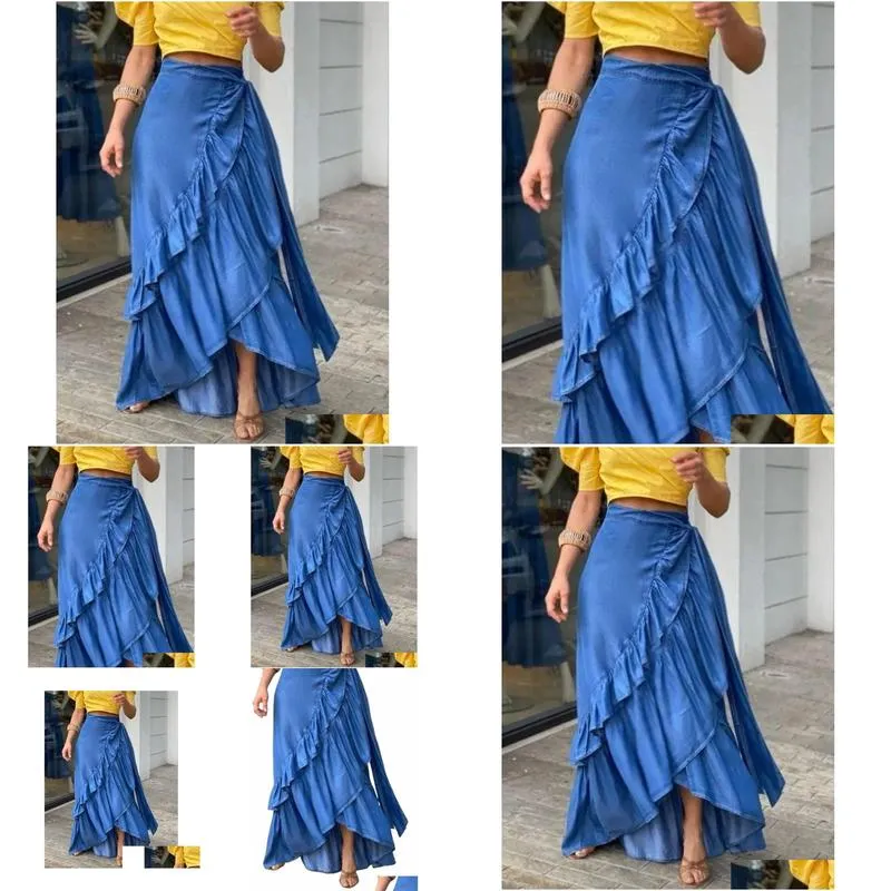 Womens Plus Size T-Shirt Women Denim Skirt A-Line Elegant Streetwear Party Club Y2K Vintage Plain Ruffle Hem Knot Waist Maxi 2023 New Dhw71