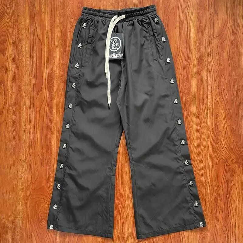 TIK TOK Influenciador Mesma marca de designer Pure Cotton Hellstar Helled Nylon Button Calça masculino botão reto Botão solta High Street Wide Large perna