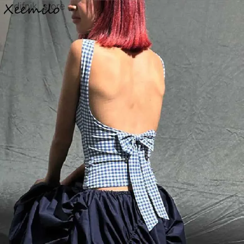 Women's Tanks Camis Xeemilo Korean Fashion Bow Backless Tank Top 2023 Casual Streetwear Plaid Print Sleeveless Crop Tops Summer Slim Fashion Corsets Y240403