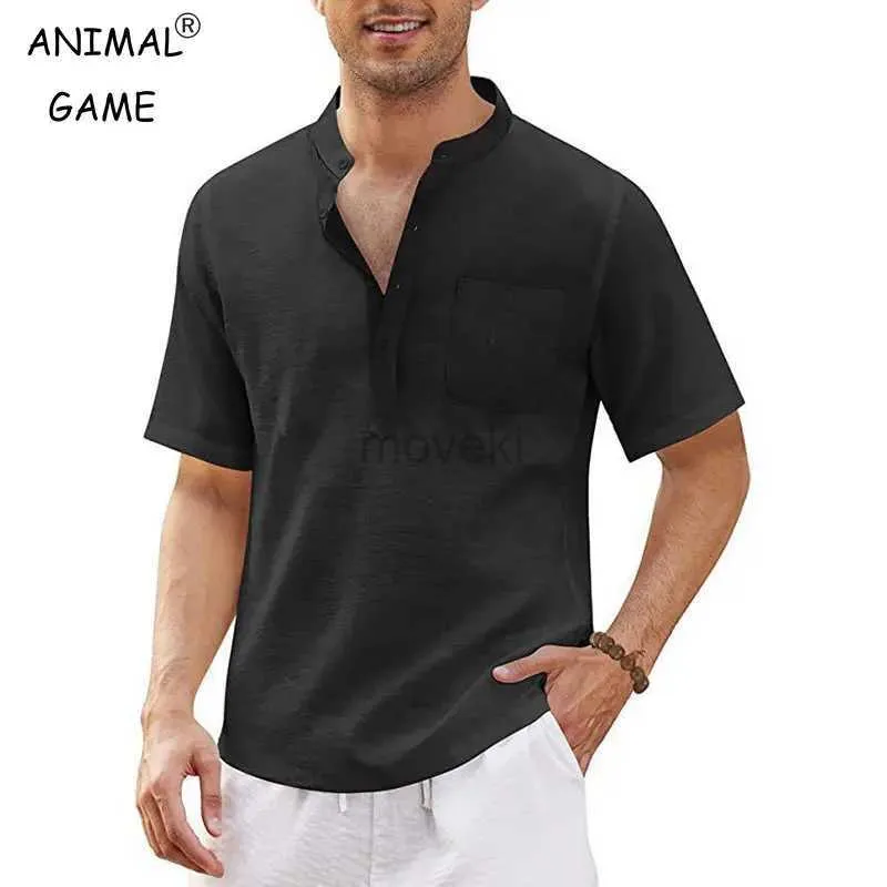 Men's T-Shirts Summer Mens Short-Sleeved T-shirt Cotton Linen V-neck Mens Shirt Male Breathable Casual Tops Plus Size Stand-up Collar 5XL 2443