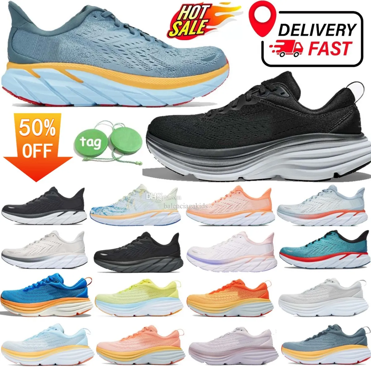 Mens Clifton 9 Bondi 8 Cloud Womens Bottoms Running Shoes Jogging Sports Trainers Free People Kawana White Black Pink Foam Runners Sneakers