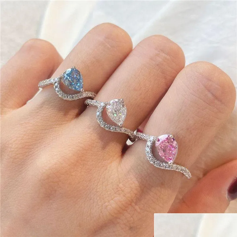 Wedding Rings Fashion 8A Zirconia Water Drop S925 Sterling Sier Ring Designer For Woman Pink Blue Love Engagement Gold Diamond Luxur Dhqms