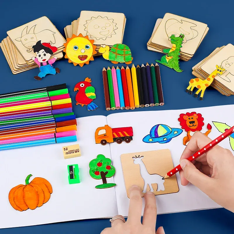 20pcs montessori Kids desenhando brinquedos de madeira pintando estênceis de pintura de madeira define artesanato brinquedo de brinquedo para colorir brinquedos educacionais para crianças presentes