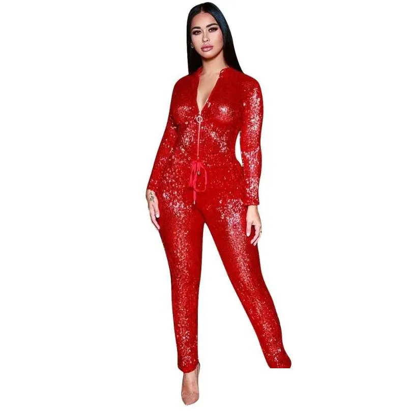 Kvinnor Jumpsuits Rompers Women Sequin Sier Red Zip Up High Wait Sashes Långärmad Jumpsuit Bodycon Y Classic PlaySuit S-3XL Drop Del Dhrrp