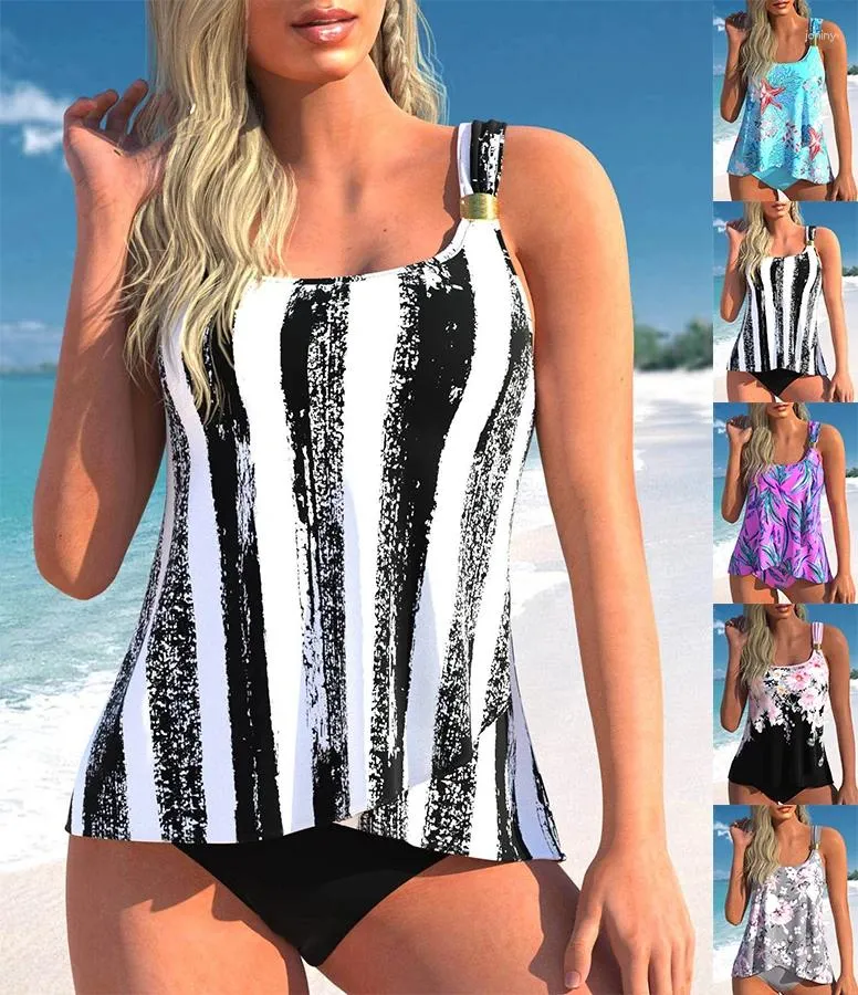 Women's Swimwear Tankini 2 Piece Regular Swimsuit Black And White Striped Printed Casual Holiday Beachwear S-6XL