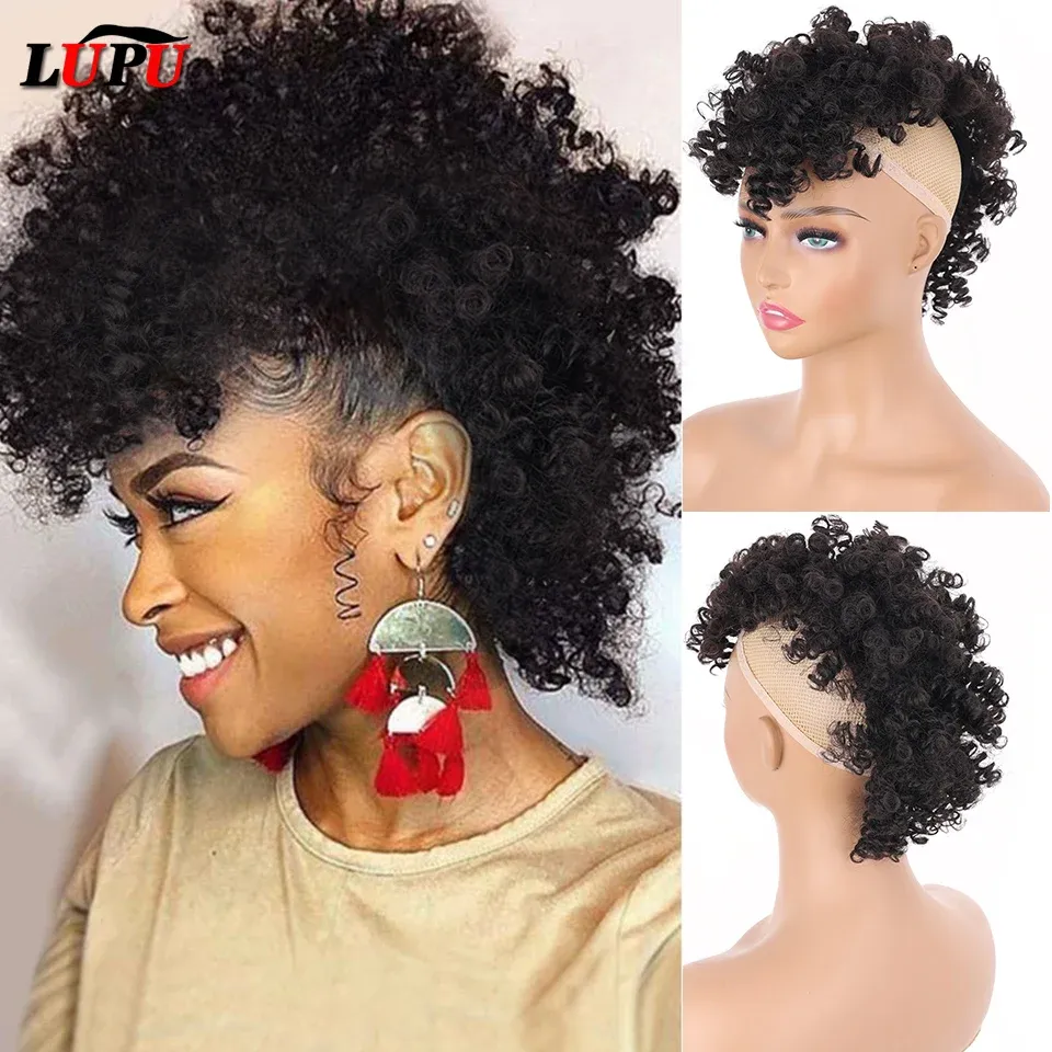 Chignon lupu Sintetico Chignon per donne nere afroamericano Mohawk Kinky Curly Caph Bun Afro High Sfumo Short Cotail con frangia con frangia