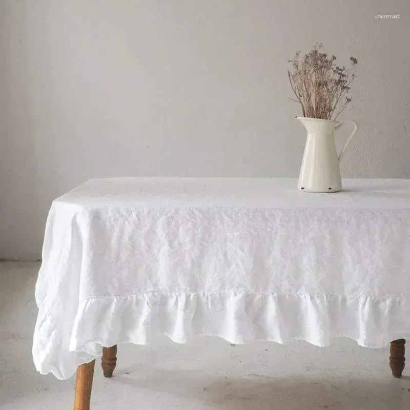 Masa bezi zarif kare fransız taş yıkanmış keten keten düğün fırfırları saf el yapımı kapak masa örtüsü