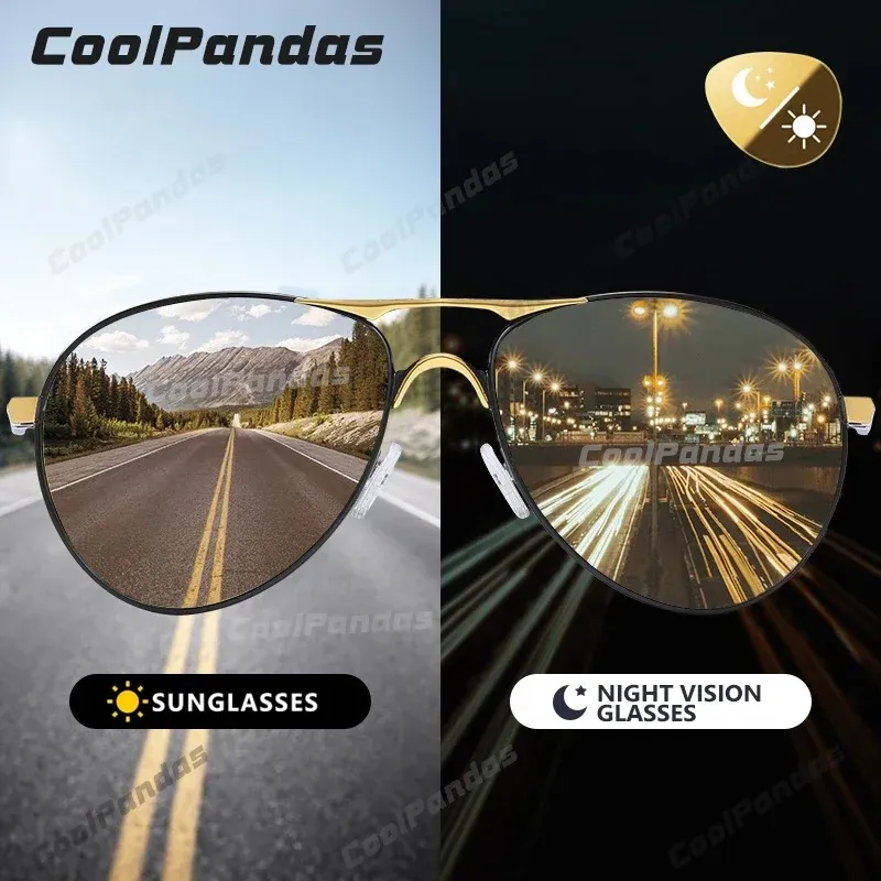 Lunettes de soleil coolpandas de qualité supérieure aviation hommes lunettes de soleil polarisés conduisant photochromique jour de nuit visuelle verres pilotes