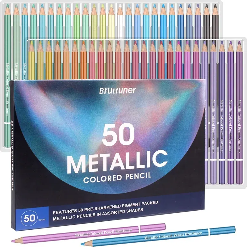 Pencils Brutfuner 50 Piece Metallic Colored Pencils Set Soft Wood Drawing Pencil Sketch Pencil Kit For Artist Student Art Supplies