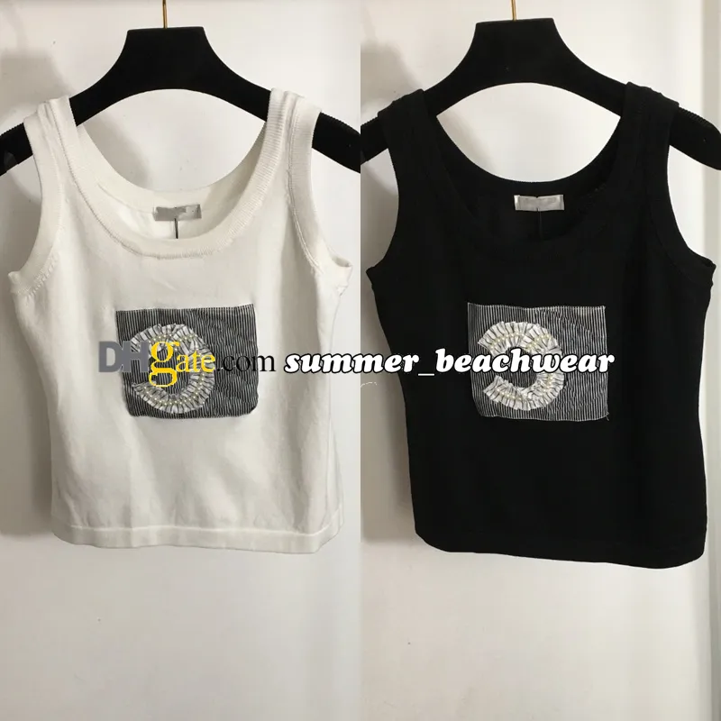 Designer Pearl Logo Knitted Vest Women Knits Tee Fashion Pleated Knit Tops Sleeveless Crew Neck Knitted Tanks Tees